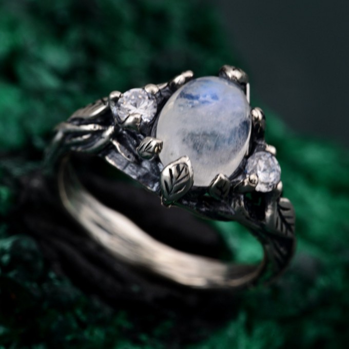 Silver Fairy Engagement Ring: Ethereal Forest Design with Tree Bark Band