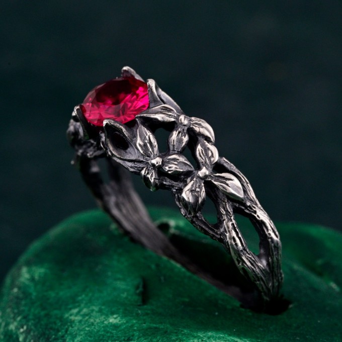 Crimson Blossom: Gothic Sterling Silver Ring with Radiant Ruby