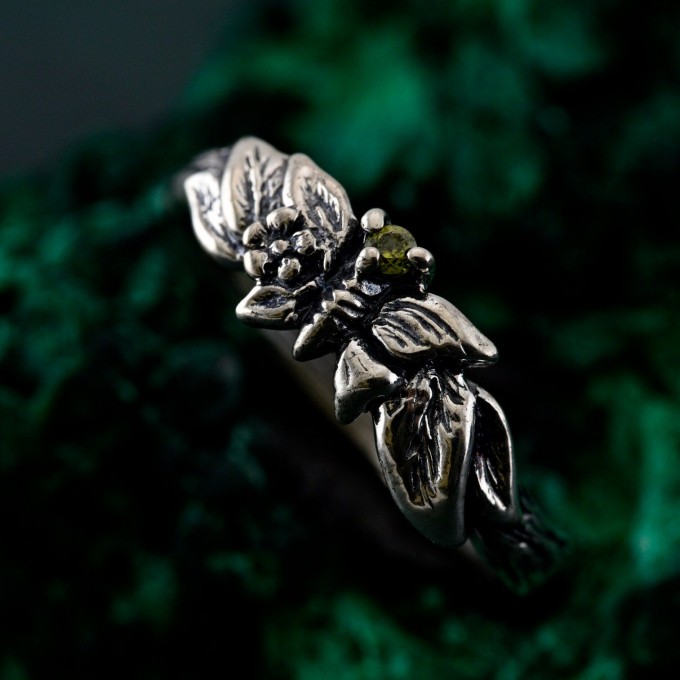 Nature-Inspired Peridot Silver Engagement Ring