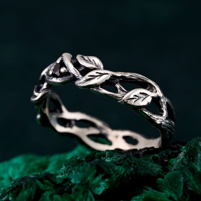 Garnet Twig Silver Ring with Dainty Branch and Petite Leaf Design