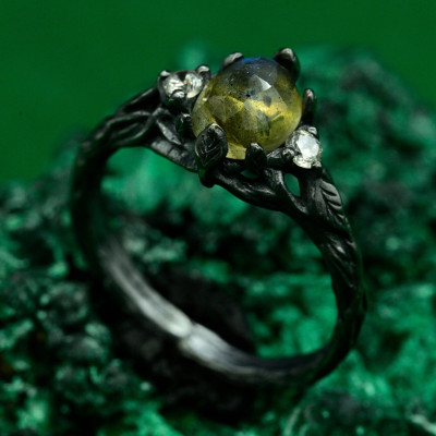 Airy Silver Engagement, Dark Floral Wildflower Ring, Ethereal Forest Fairy, Unique Romance, Mystical Fairy Band, Textured Branch Design