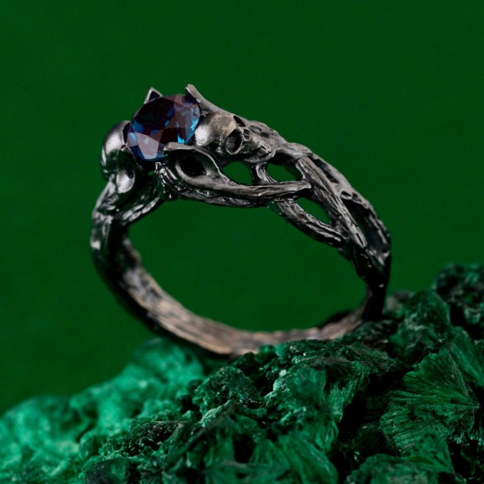 Artisan Silver Skull Engagement Ring - Mystical Wedding Band with Bohemian Branch Design