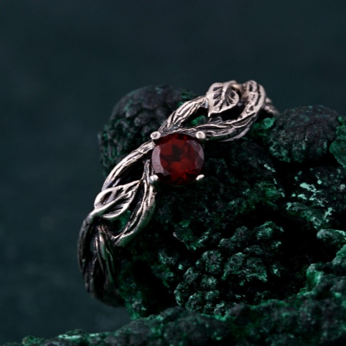 Silver Twig Branch Ring with Garnet Accent - Nature's Gemstone Adornment