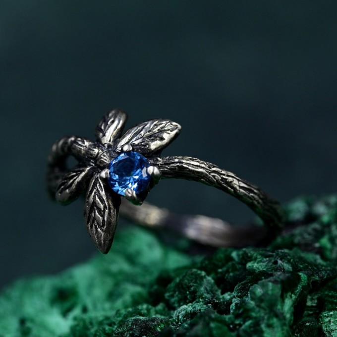 Enchanted Butterfly Silver Ring with Blue Gemstone