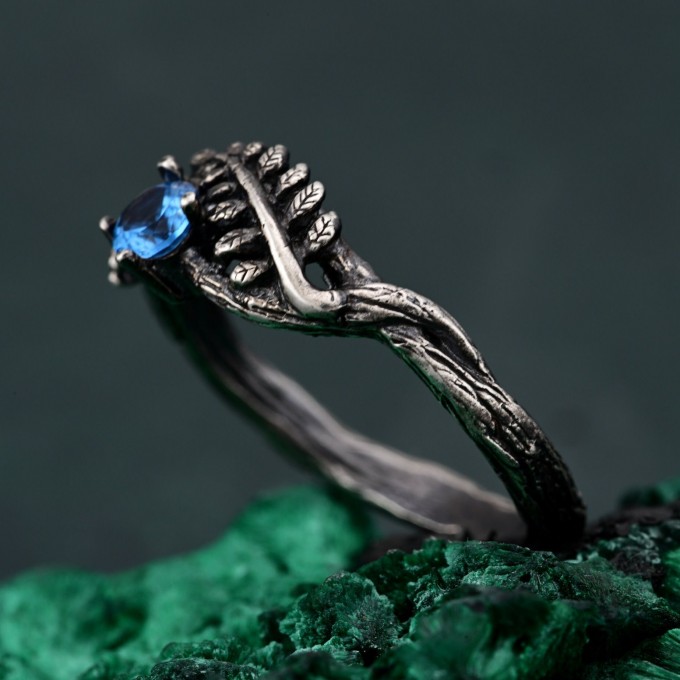 Topaz Fern Branchlet Ring – Whispering Fern Ring, Twig and Fern Ring, Woodland Fern Band, Graceful Frond Ring