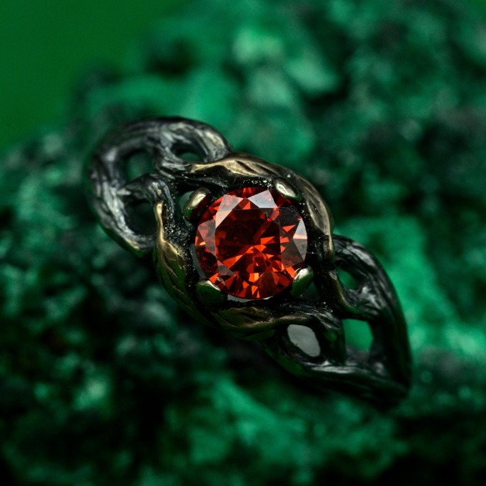 Mystical Forest Ring with Garnet and Leafy Blossom Design