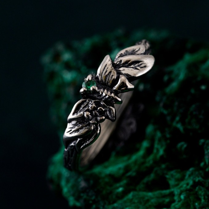 Unique Emerald Twig Engagement Ring – Sterling Silver Nature-Inspired Ring, Whimsical Butterfly Design, Artisan Crafted Jewelry