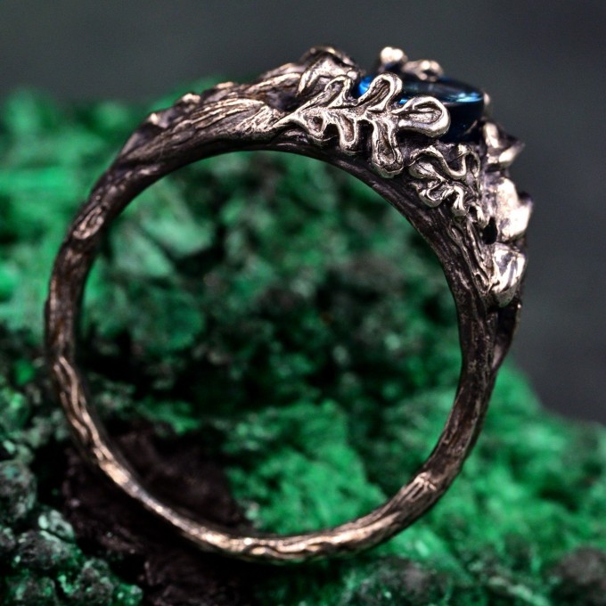 Forest Ring with Oval London Topaz and Sterling Silver Mushroom Design