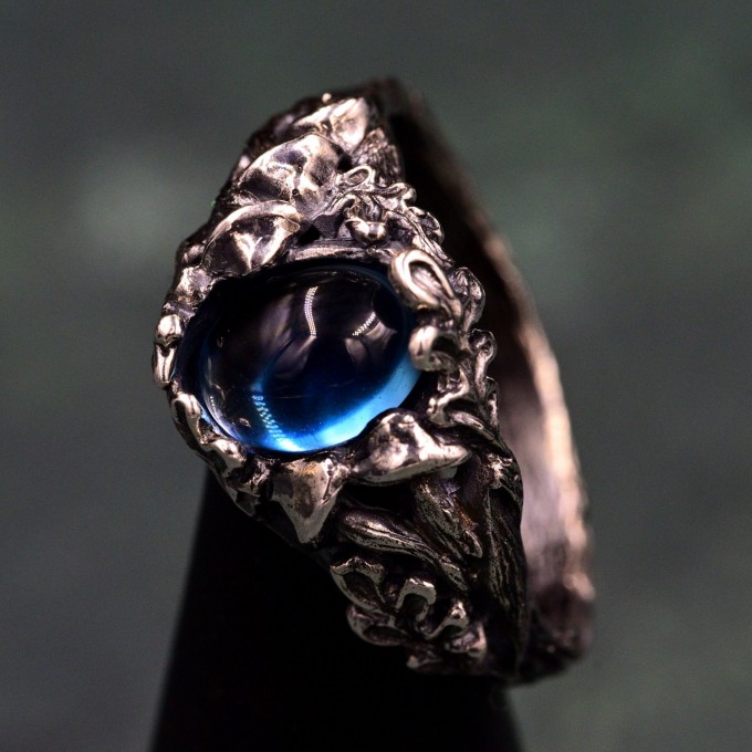 Forest Ring with Oval London Topaz and Sterling Silver Mushroom Design
