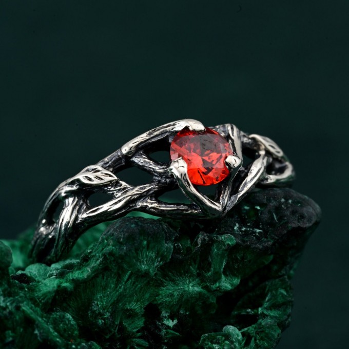 Silver Nature Ring: Garnet Branch-Inspired Engagement Ring for Her