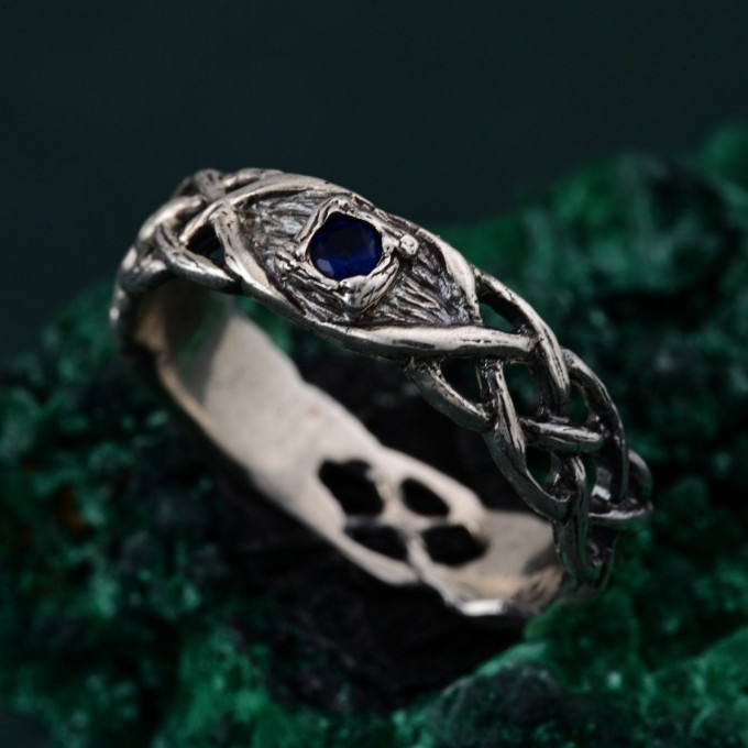 Vintage Style Tree Sapphire Ring – Wide Celtic Wedding Band with Intricate Design, Nature-Inspired Sapphire Ring