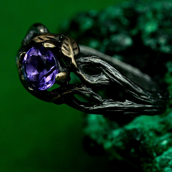 Mystical Forest Ring with Amethyst and Leafy Blossom Design
