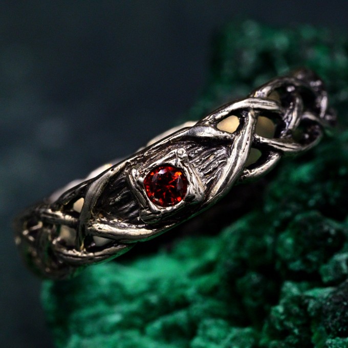 Wide Celtic Wedding Ring – Tree Bark Pattern with Garnet, Vintage Style Garnet Ring, Men's and Women's Wedding Band