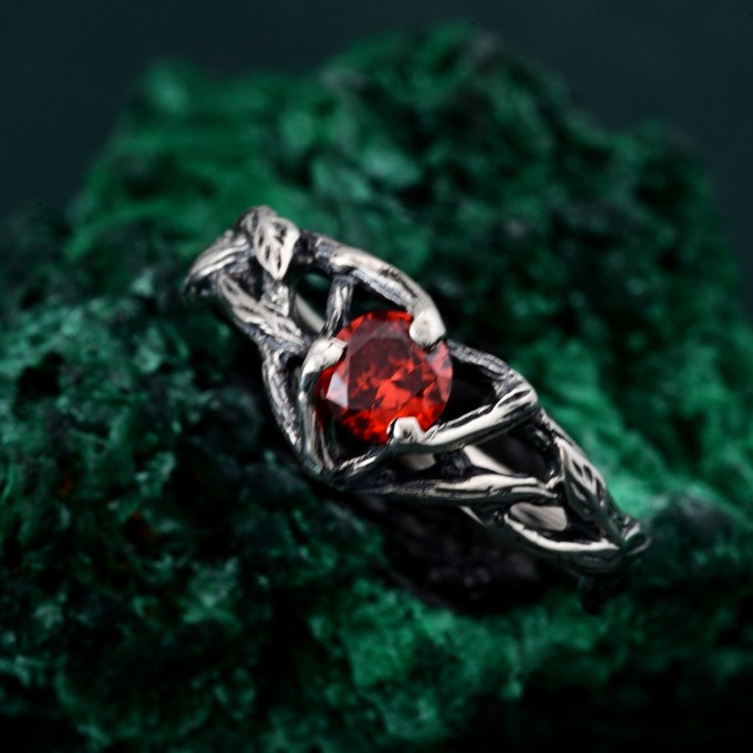 Garnet Nature-Inspired Branch Ring - Unique Silver Engagement Ring for Her