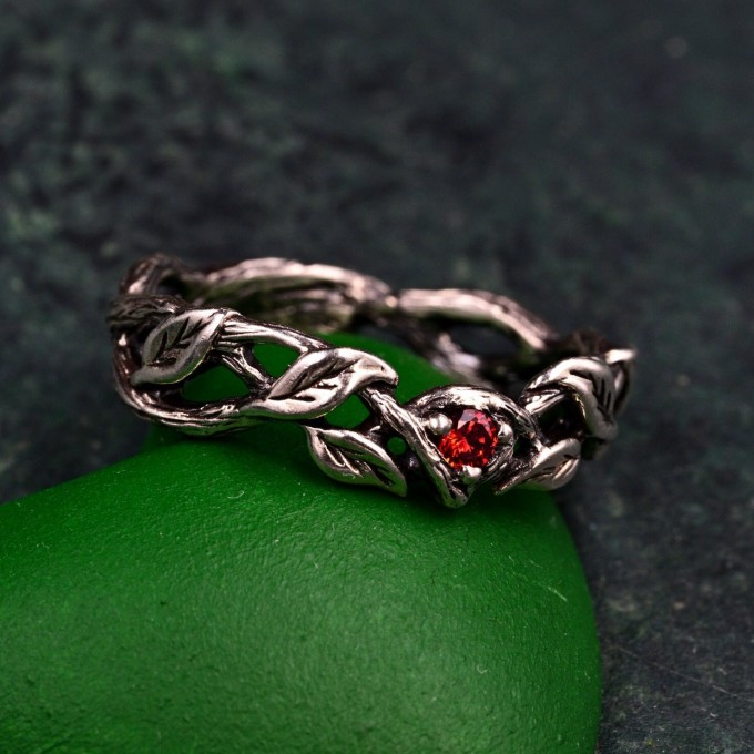 Garnet Twig Silver Ring with Dainty Branch and Petite Leaf Design
