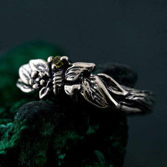 Nature-Inspired Peridot Silver Engagement Ring