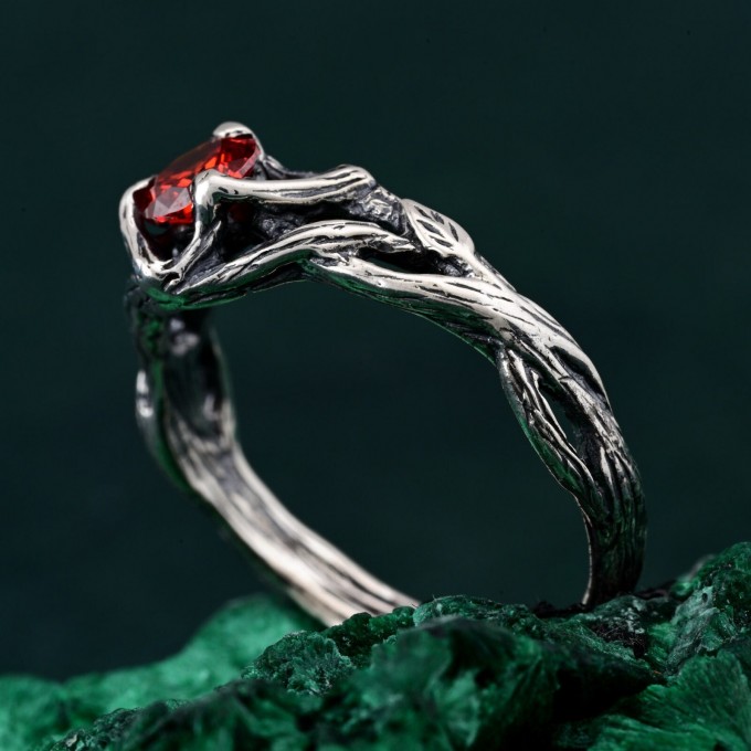 Silver Nature Ring: Garnet Branch-Inspired Engagement Ring for Her