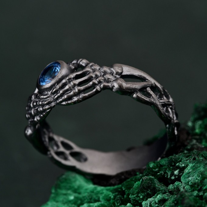 Celtic Knot Blue Topaz Fantasy Ring with Skeleton Hand Design - Gothic Engagement Jewelry