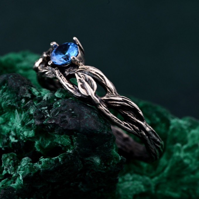 Leafy Branch with Topaz Ring – Nature-Inspired Silver Twig Jewelry