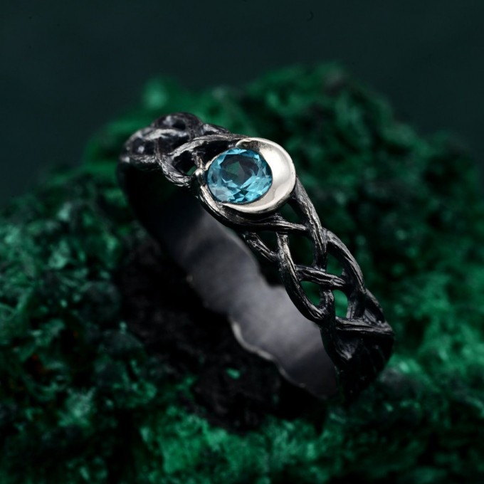 Silver Moon Topaz Ring: Mystical Celestial Blue Gemstone Band