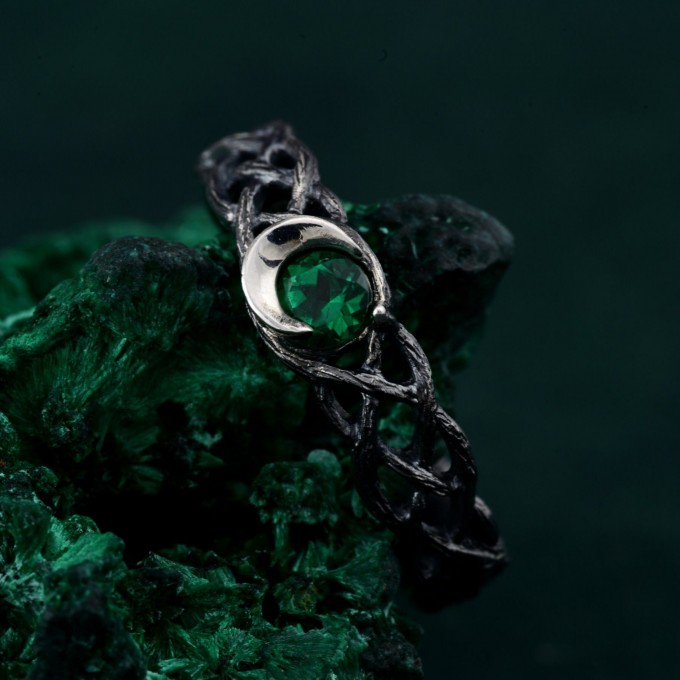Enchanted Emerald Moon Ring with Whimsical Forest Branch Design