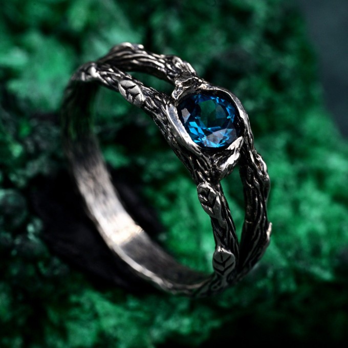Enchanting Unique London Blue Topaz Celtic Ring - Double Branch Design