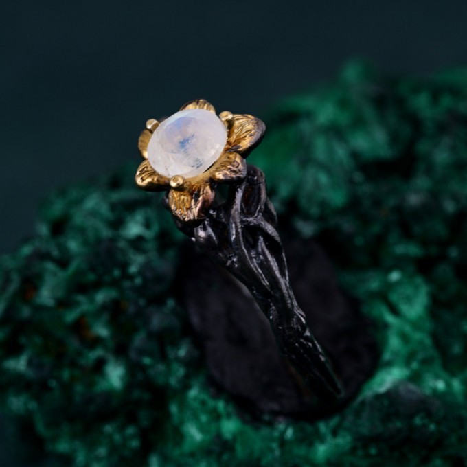 Moonstone Blossom Twig Ring & Enchanted Forest Moonstone Ring