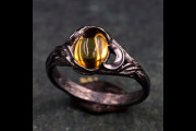 Moonlit Magic: Mystical Black Witch's Wedding Ring with Citrine Stone and Moon-inspired Leaf Design, Woman Wilderness Ring