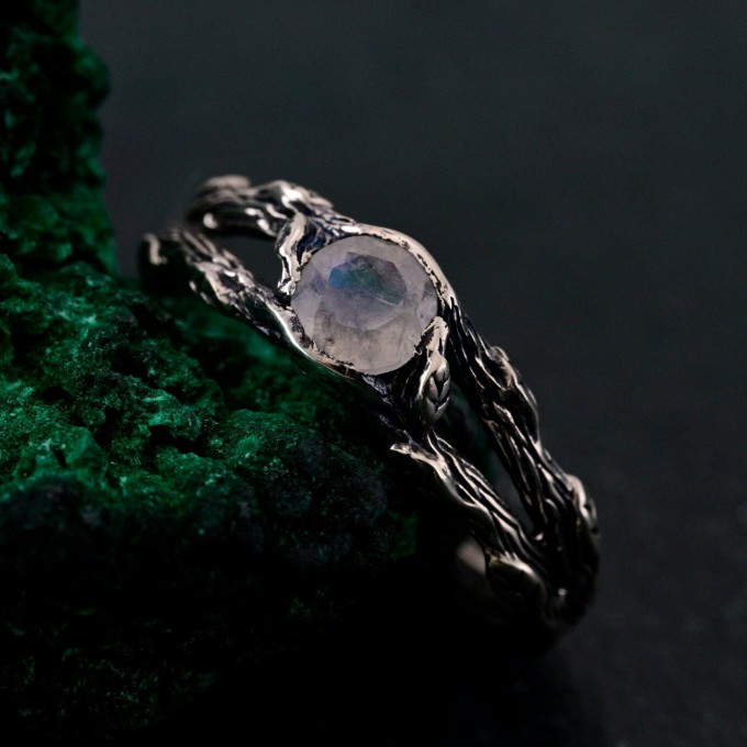 Gothic Silver Ring with Moonstone and Nature Motif