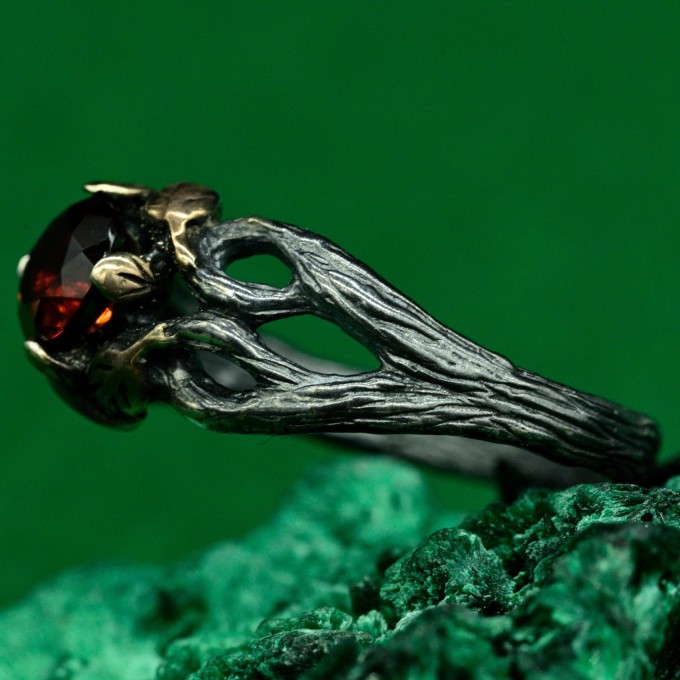Enchanting Ring with Branch and Blossom - Forest Ring with Garnet