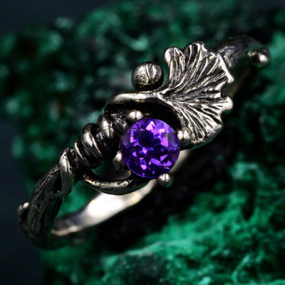 Boho Chic Silver Ring, Silver Twig and Ginkgo Biloba Leaf Engagement Ring, Woman Elvish Nature Bridal Ring