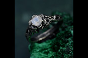 Elven Moonstone Lotus Ring - Mythical Silver Band with Twisted Branches, Whimsical Nature-Inspired Jewelry