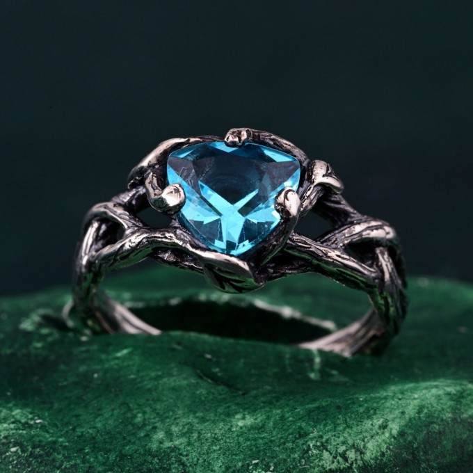 Handcrafted Topaz Leaf Ring – Artisan Silver Branch Design for Nature Lovers