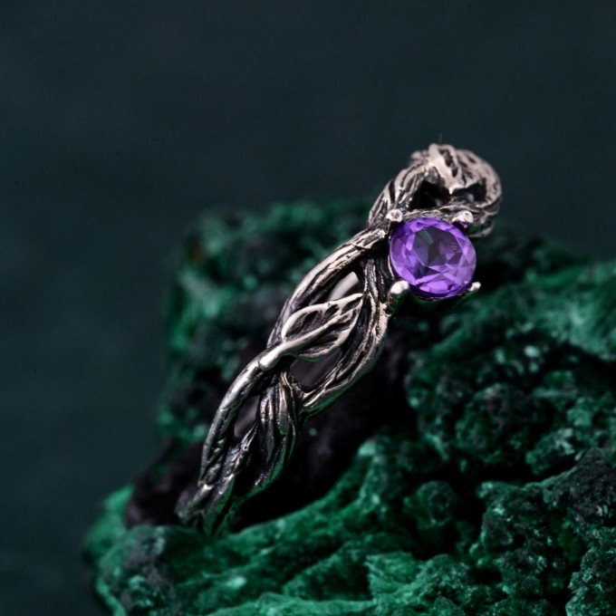 Leafy Branch with Amethyst Ring – Nature's Gemstone Adornment