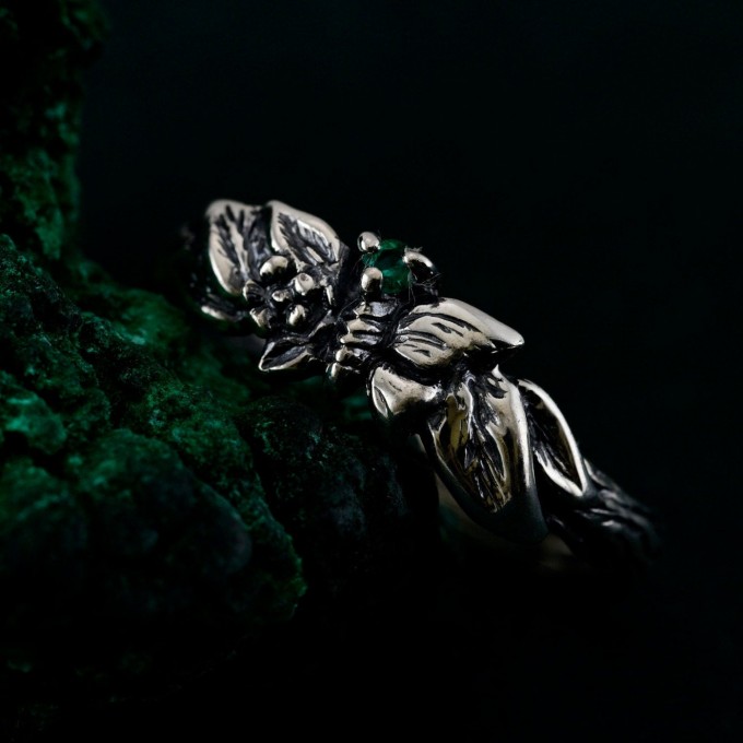 Nature-Inspired Unique Sterling Silver Engagement Ring with Emerald - Sparkle and Mystique, Elegant Butterfly Branch Engagement Ring