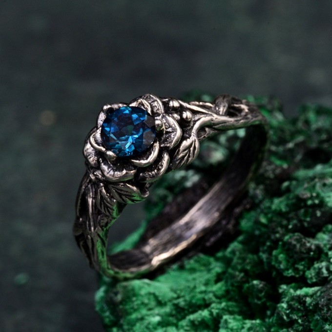 Bloom of Dusk: Gothic London Blue Topaz Rose Ring