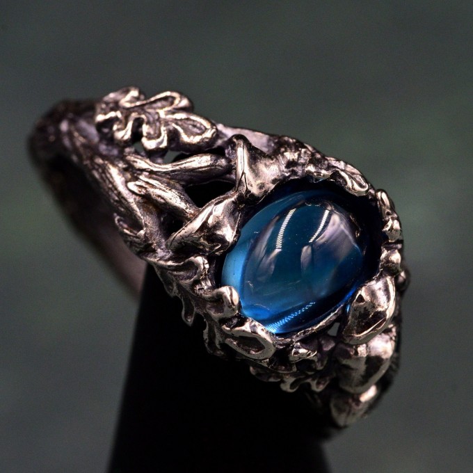 Forest Ring with Oval London Topaz and Sterling Silver Mushroom Design