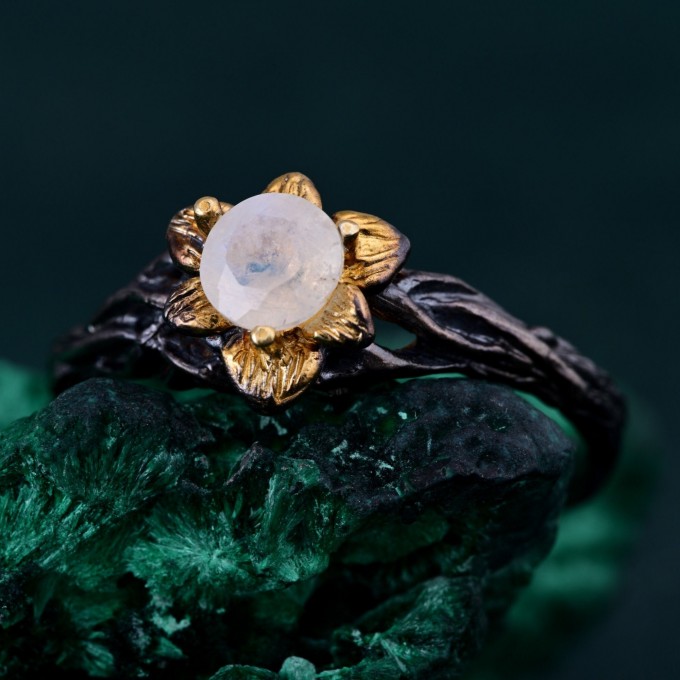 Moonstone Blossom Twig Ring & Enchanted Forest Moonstone Ring