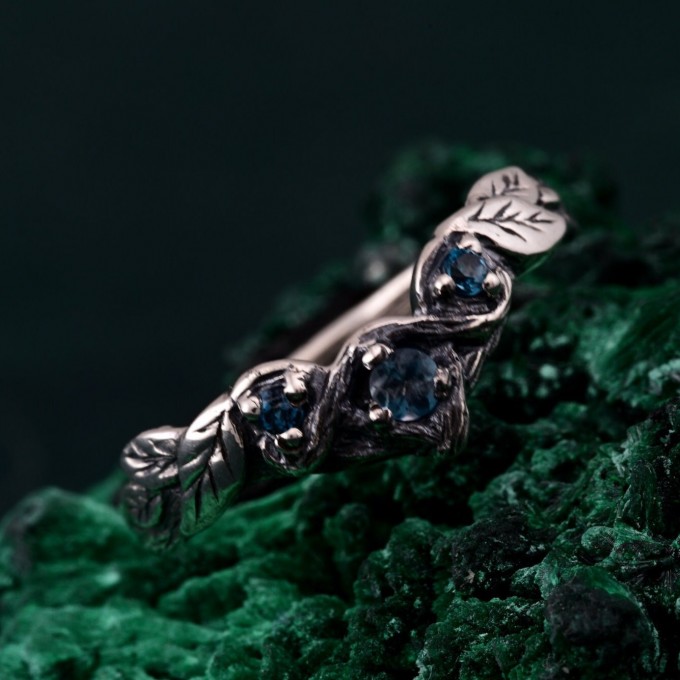 Whispers of Dusk: Gothic Leaf Sapphire Ring