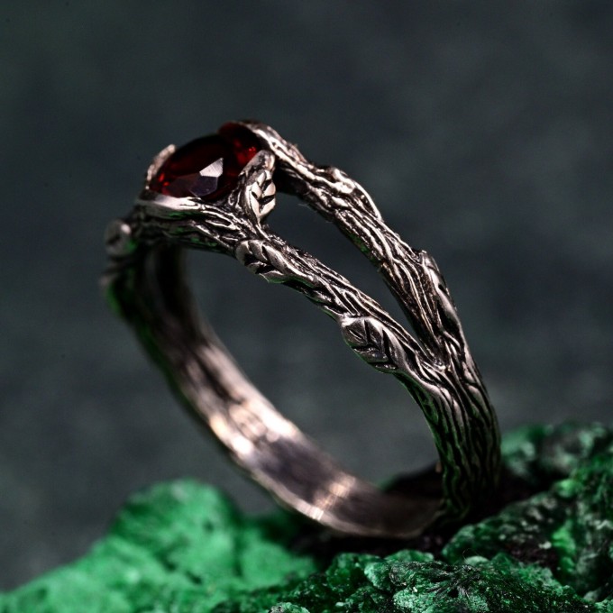 Unique Garnet Celtic Ring – Double Branch Design, Woodland Nature Engagement Ring in Alternative Fairy Style for Women