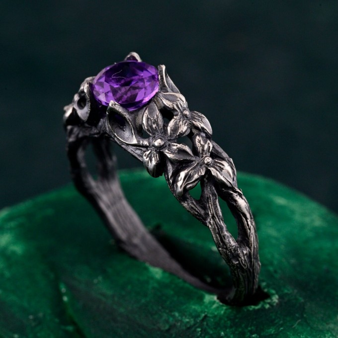 Gothic Silver Ring with Amethyst and Nature Motif