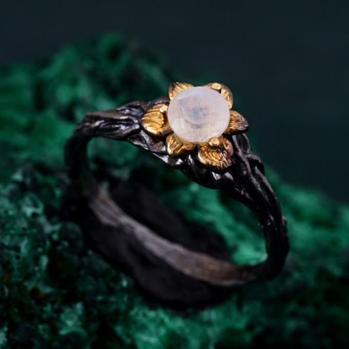 Moonstone Blossom Twig Ring & Enchanted Forest Moonstone Ring