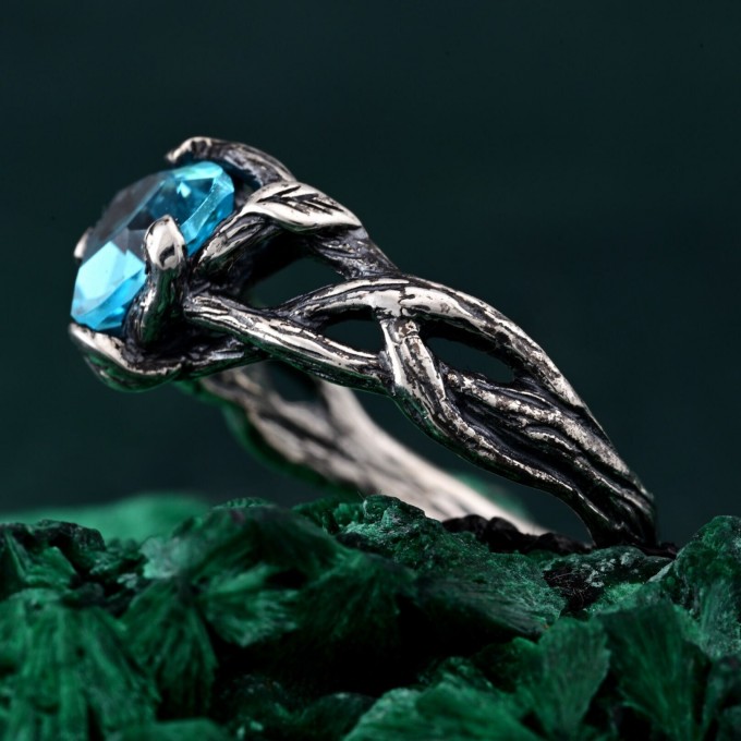 Branches and Leaves Design Topaz Ring – Nature-Inspired Ring with Leaves and Branches Surrounding Topaz, Gift for Her, Gift for Him