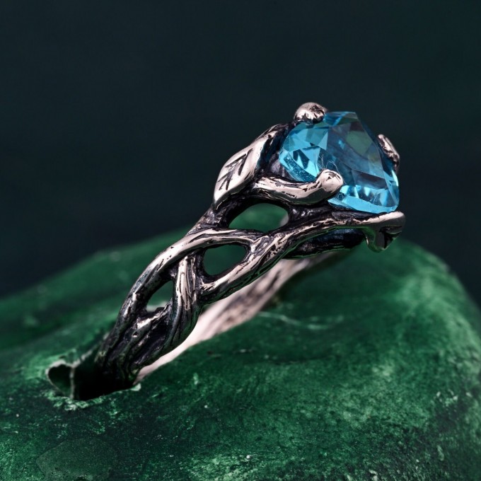 Branches and Leaves Design Topaz Ring – Nature-Inspired Ring with Leaves and Branches Surrounding Topaz, Gift for Her, Gift for Him