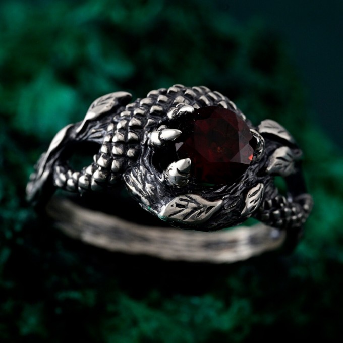 Garnet Serpent Ring with Vintage Dragon Scale Design