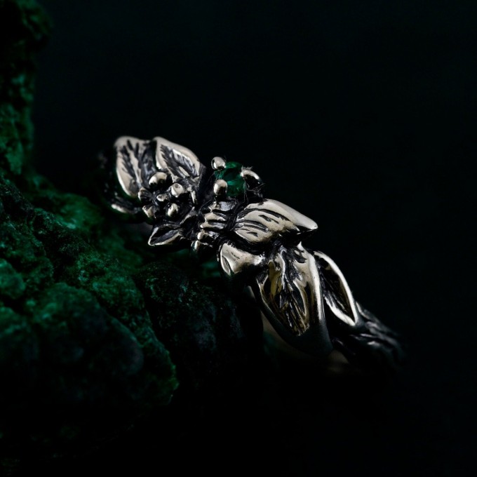Unique Butterfly Engagement Ring – Nature-Inspired Design with Emerald, Twig Engagement Ring in Sterling Silver