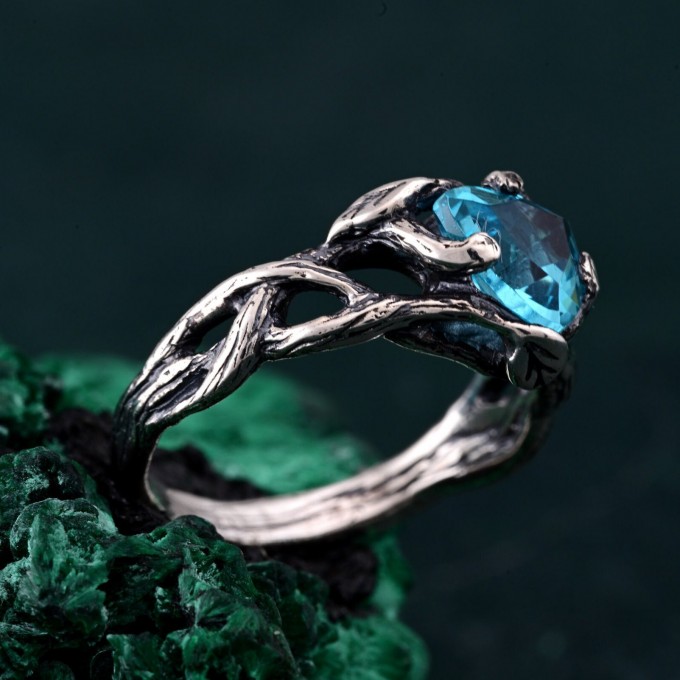 Handcrafted Topaz Leaf Ring – Artisan Silver Branch Design for Nature Lovers