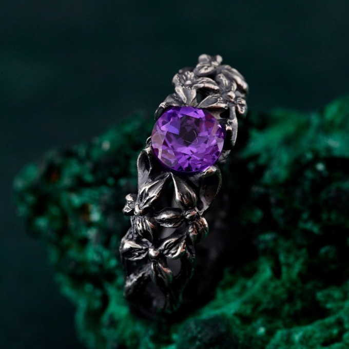 Gothic Silver Ring with Amethyst and Nature Motif