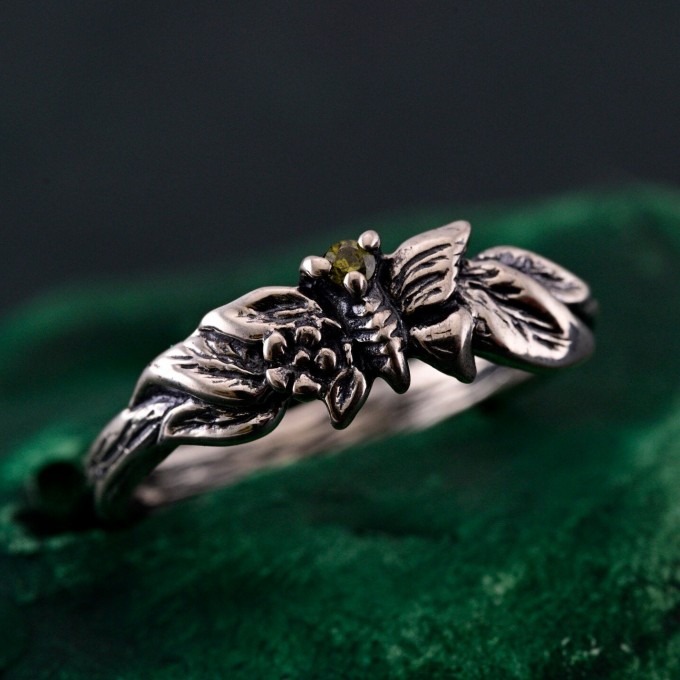 Unique Peridot Twig Engagement Ring - Nature-Inspired Sterling Silver Design with Butterfly