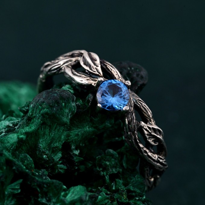Leaves of Serenity: Gothic Blue Gemstone Ring